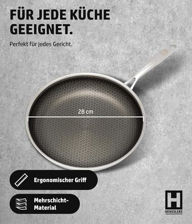Сковорода HENSSELERS® 28 см - універсальна для всіх типів плит, антипригарне покриття у вигляді сот, індукційна, стійка до подряпин та порізів