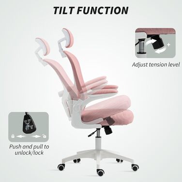 Офісний стілець Vinsetto з високою спинкою, сітчаста тканина, комп'ютерний стілець з обертовою підголівником, 4D-підтримка попереку, регульовані підлокітники, регульована висота, білий (рожевий)