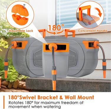 Шланговий барабан з шлангом 30м для саду, настінний автоматичний ролик, поворот 180°, водяний бокс з 9 функціями, для поливу та миття авто, сірий-помаранчевий, 30M