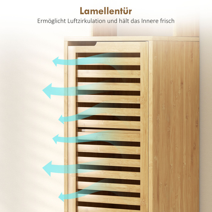 Вузька шафа для ванної кімнати, висока шафа з 3 відкритими полицями, регульованими полицями, жалюзійною дверцятами, розміром 34 x 30 x 170 см, колір - натуральний