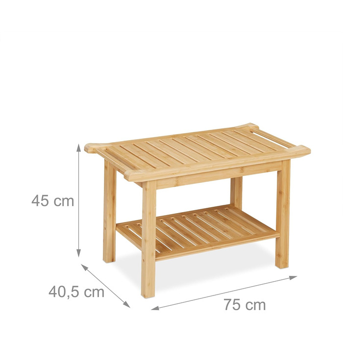 Стілець для ванної Relaxdays бамбук, полиця та ручки, 45x75x40.5 см, лавка для 2 осіб, натуральна