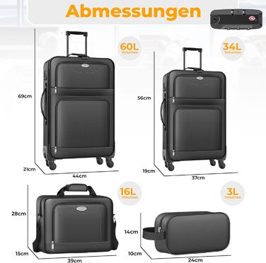 Набір валіз KESSER® 4 шт. | Чотири валізи з тканини з кодовим замком TSA, 360° колесами та телескопічною ручкою | Косметичка, ручна валіза та великі валізи для подорожей та бізнесу (Антрацит)