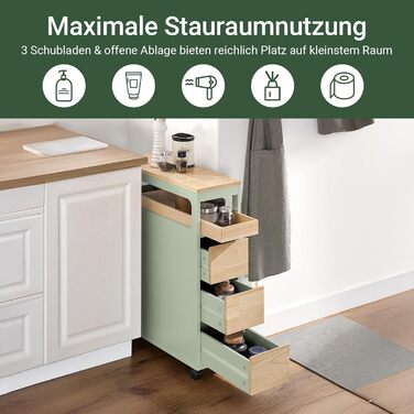 Тумбочка для ванної кімнати SoBuy з колесами, вузька з 3 висувними ящиками, компактна комода з дерева, навісна шафка для маленьких ванних кімнат, туалетів та кухонь, біла, 65x23x82 см, BZR54-W