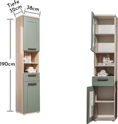 Ванна кімната Висока шафа Sonoma Дуб/Очерет Зелений - 38x190x32 см, багато місця для зберігання