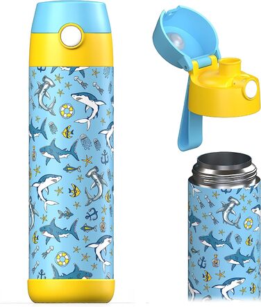 Дитяча пляшка для пиття Jarlson MALI-Термальна пляшка для води з нержавіючої сталі - без бісфенолу А-герметична Дитяча пляшка з кришкою-пляшка для школи, дитячого садка-350 мл (500 мл, акули)