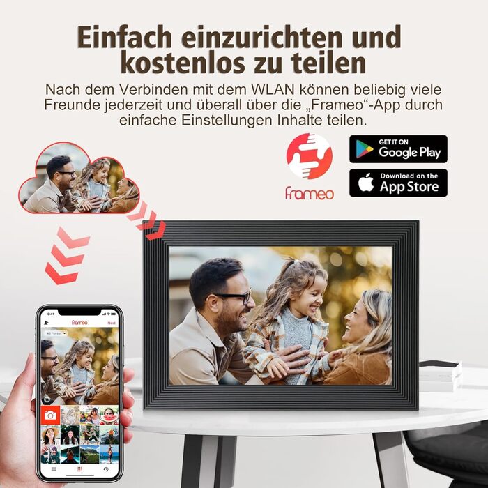 Цифровий фоторамка Frameo WLAN, 10.1 дюйми, LCD сенсорний екран 1280x800, 32GB, автоматичне обертання, підключення Wi-Fi, сумісний з додатком Frameo