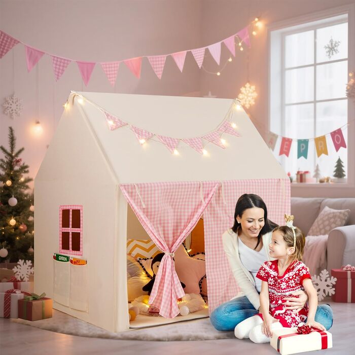 Дитяче намет-будиночок COSTWAY з килимком та світлом, з прапором та вікнами, для хлопчиків та дівчаток від 3 років (Рожевий)