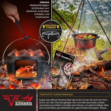 Набір голландських казанів KESSER® BBQ: голландський казан, посуд для приготування на грилі, котел для гуляшу, чавунний посуд з кришкою та термометром (4.2 л)