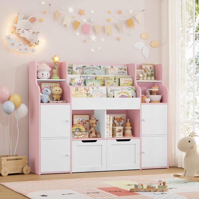 FOREHILL Дитяча полиця-стелаж для іграшок та книг у кімнату з дерева, рожева, 122 x 30 x 100 см