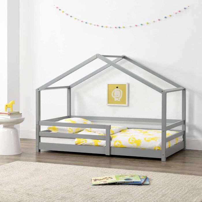 Дитяче ліжко Ліжко Kntten House Підлогове ліжко 90 x 200 см Дерев'яне дитяче ліжко із захистом від падіння Каркас ліжка з соснового дерева з рейковим каркасом (світло-сірий, 80x160 см)