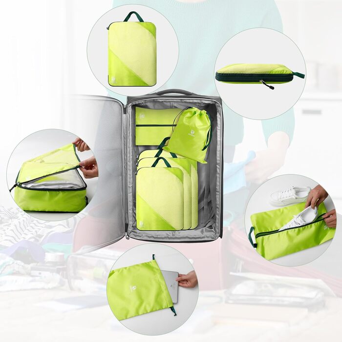Набір компресійних органайзерів для одягу в дорогу AiQInu, 5 шт. — ультралегкі сумки-пакувальники для валізи з мішком для взуття та білизни, розширювані, зелені
