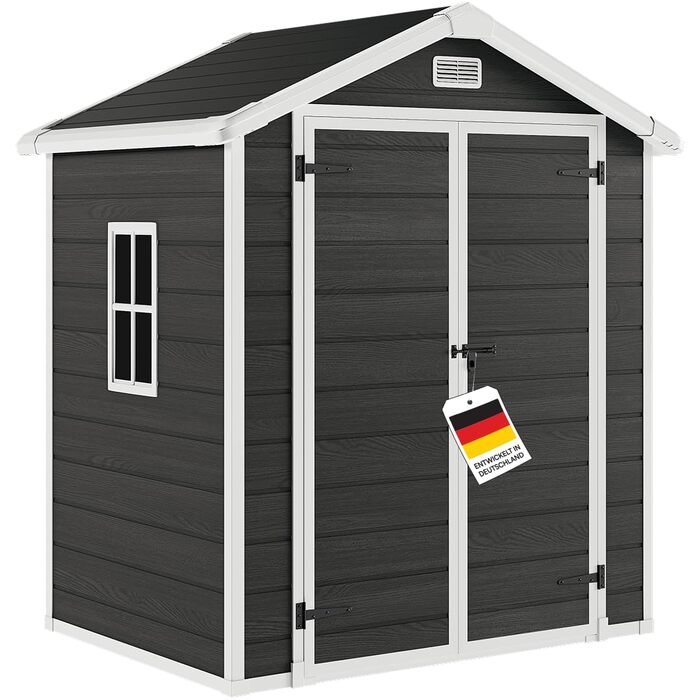 Сарай садовий STEELSØN Novara 192x92x151 см - пластиковий, з вікном, під дерево, темно-сірий, дах двосхилий