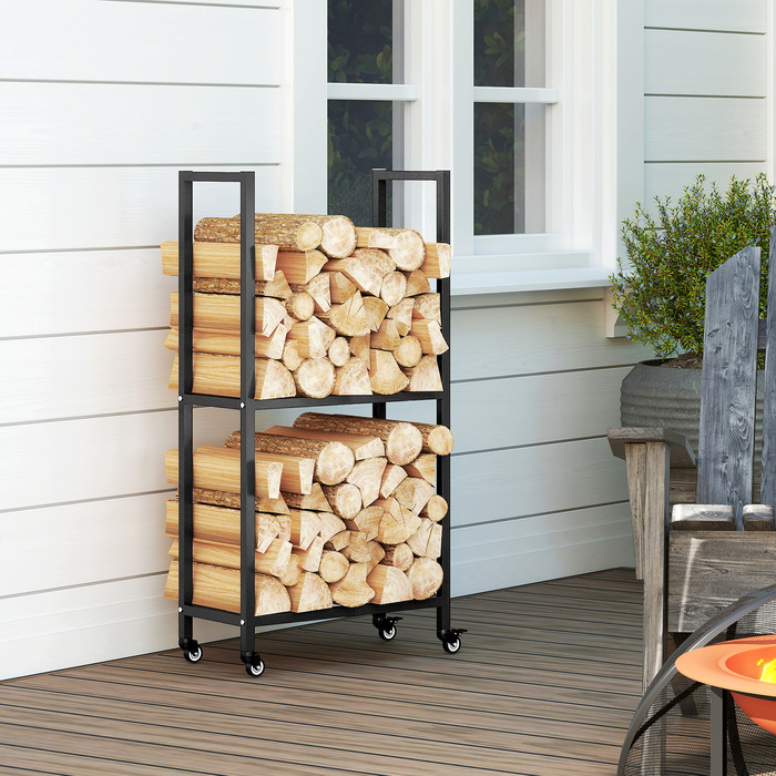 Стильна полиця для дров Outsunny з металу, 60 x 30 x 119 см, 2 яруси, з колесами, чорного кольору