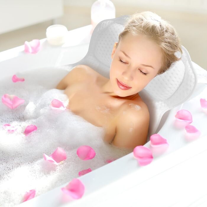 Підголовник для ванни з 6 присосками, 4D-Air Mesh, підтримка голови, шиї, плечей, спини, для всіх ванн (білий)