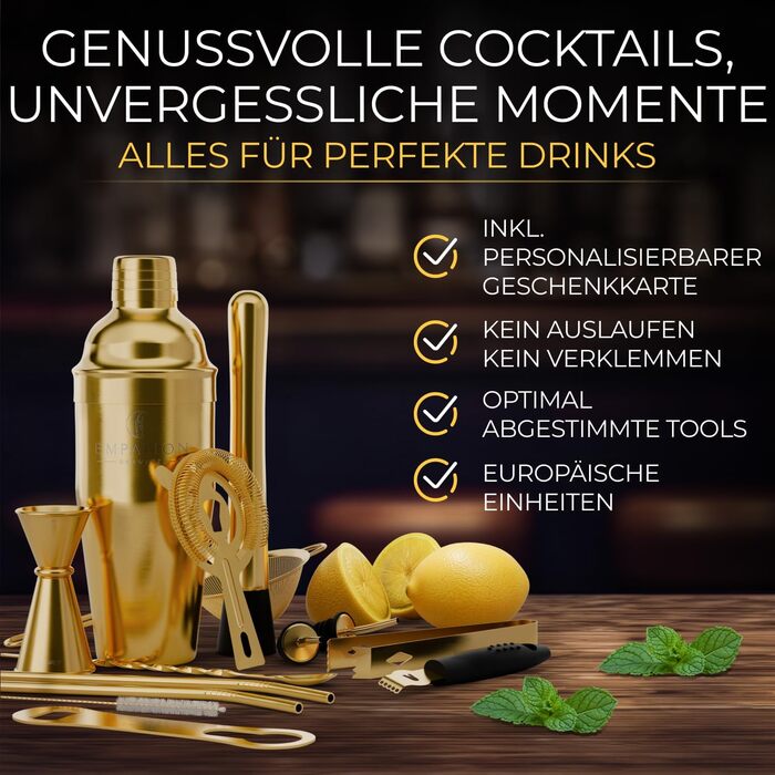 Набір для коктейлів Cobbler 700мл з нержавіючої сталі, професійний шейкер для барменів з підставкою та рецептами, класичний набір (Gold)