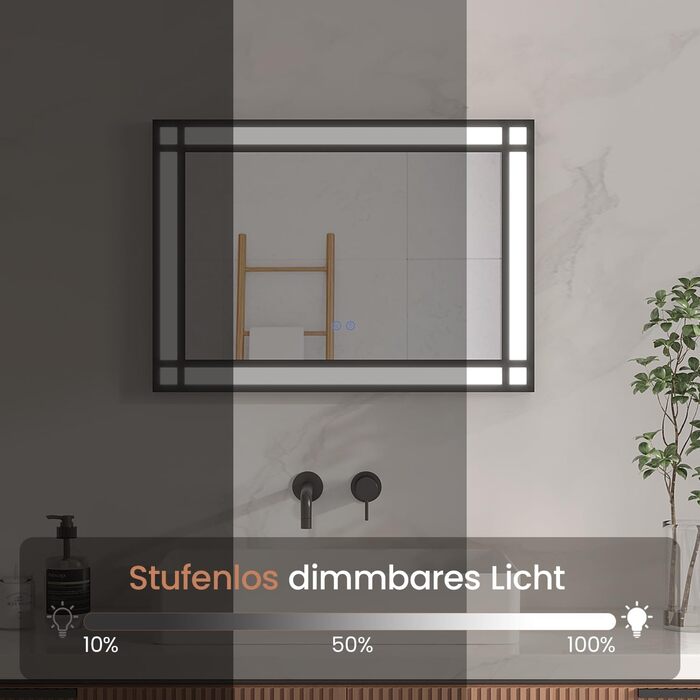Дзеркало для ванної кімнати AQUABATOS LED з підсвічуванням 50x70 см, імітація вікна, сенсорне регулювання, антизапар, чорний алюмінієвий каркас, індустріальний стиль