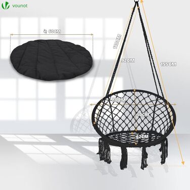 Підвісне крісло-гойдалка VOUNOT з полицею для книг та подушкою, Ø 80 см, чорний колір, для дому та саду