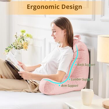 Підкуштунок Sasttie для читання з велюровою спинкою, подушка для підтримки спини для дорослих, з підлокітниками для читання на ліжку, дивані, підлозі, в гуртожитку, аксесуар для читання, персиковий, 18 дюймів, персиковий рожевий
