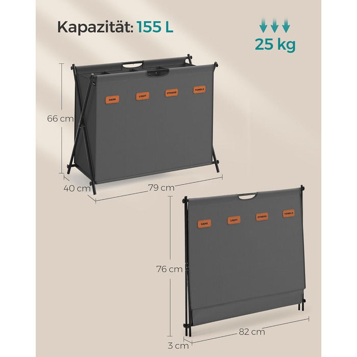 Кошик для білизни SONGMICS, 2 відділення, складна X-подібна рама, спеціальні етикетки, 155 л, грифельний сірий