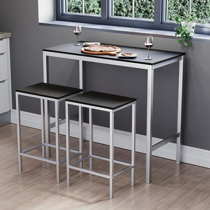 Vida Designs Roslyn: Барний стіл на 2 персони з 2 барними стільцями, індустріальний стиль, сталевий каркас (чорний)