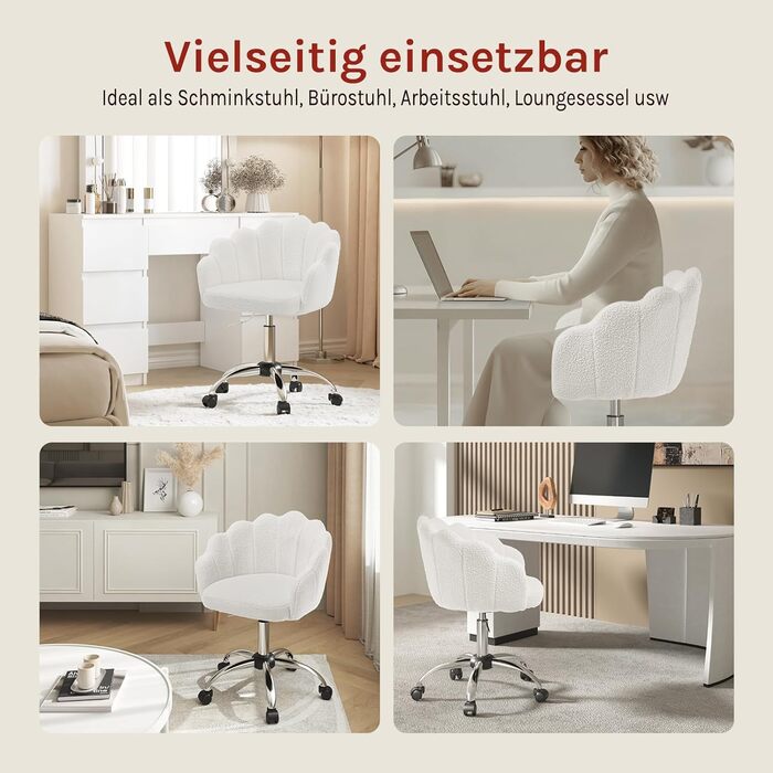 Крісло WOLTU для офісу та дому, крісло до туалетного столика з м'якою спинкою у вигляді пелюсток, поворотне з колесами, регульоване по висоті, для робочого кабінету, спальні, (кремово-білий, кашеміровий матеріал)