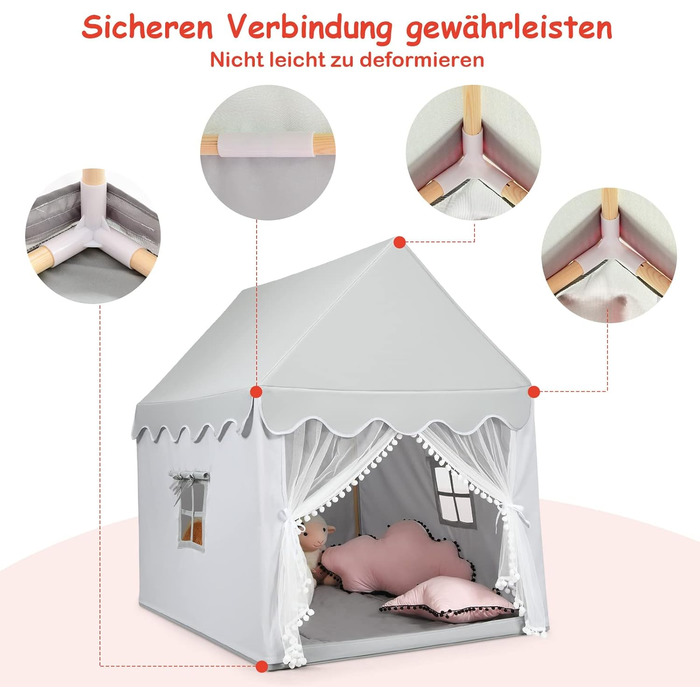 Дитячий намет DREAMADE з м'якою дахом та вікнами, дерев'яний каркас, ігровий будиночок, намет Тіпі для хлопчиків та дівчаток (сірий)