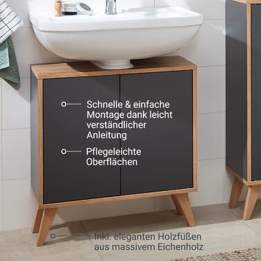 Умивальник FACKELMANN Finn коричневого кольору, 60 см, ретро-стиль, Push-to-Open, без ручок, Made in Germany (Антрацит, тумба під умивальник на ніжках)