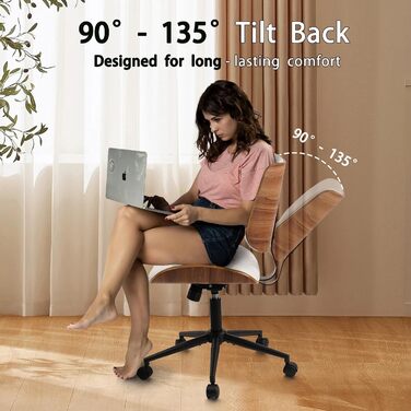 Крісло офісне без підлокітників Clatina з роликами, регульоване по висоті, шкіряне, поворотне, для комп'ютера, середньою спинкою, сучасний стиль горіхового дерева, для дому, офісу, конференц-залу, білий, 1 шт.