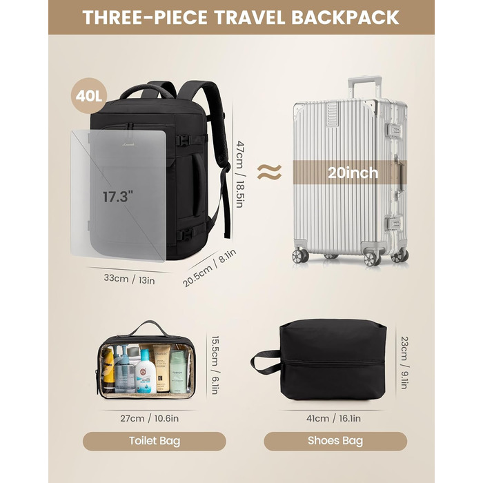 Рюкзак жіночий LOVEVOOK 40L для подорожей та авіаперельотів, Carry On, Beige Khaki