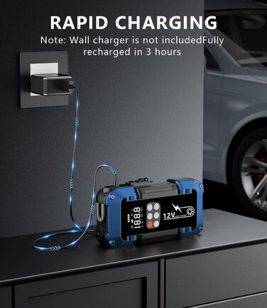 Портативний пусковий пристрій Starthilfe Powerbank з компресором 150PSI, 4000A, 12V для автомобілів та 8.0L дизель, 26800mAh, 4-в-1 з LED-ліхтариком та LCD дисплеєм