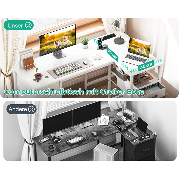 Комп'ютерний стіл Coleshome L-подібної форми з ящиками для документів, USB-роз'ємом та розеткою, для дому та офісу (білий, 140x70 см)