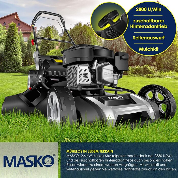 Бензиновий газонокосарка MASKO® 5in1 | Ширина косіння 51 см | 8 положень висоти косіння | 4-тактний OHV двигун 6.0 PS | 65 л травозбірник | Включно з набором для мульчування, бічний викид | Чорний/Сірий
