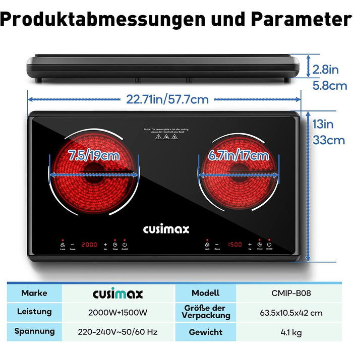 Двоконфорочна електрична плита CUSIMAX 3500W з інфрачервоним нагрівом, склокераміка, LED дисплей, таймер, сенсорне керування, захист від дітей, чорний колір