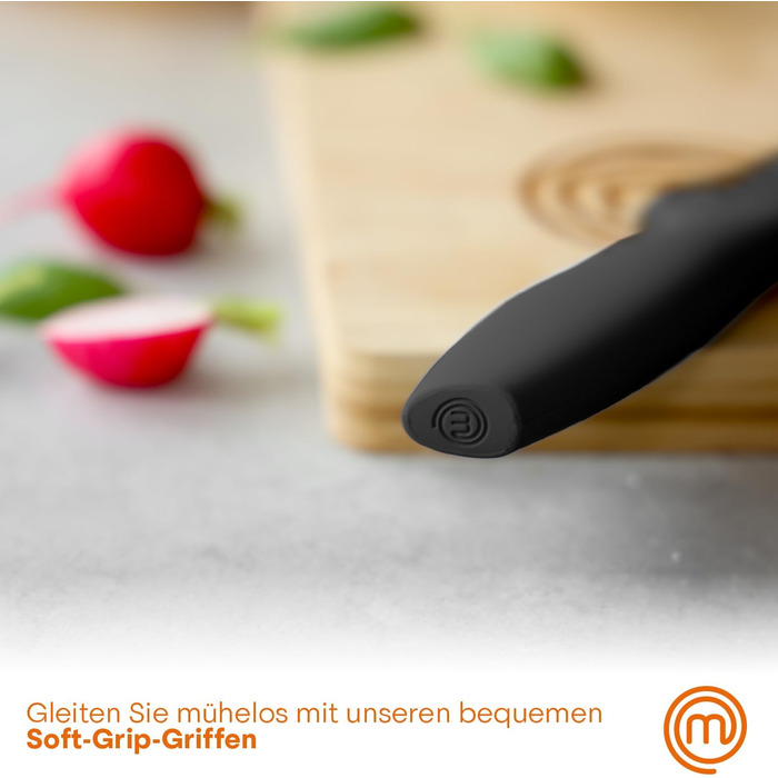 Набір ножів MasterChef 5-ти частинний: поварський, хлібний, для овочів, сантоку та універсальний, з нержавіючої сталі, чорний, з м'якими ручками