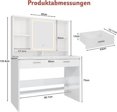 Трюмо JUMMICO з LED-підсвічуванням, дзеркалом та гачками для прикрас, 2 шухляди, 4 відкриті полиці, білий колір