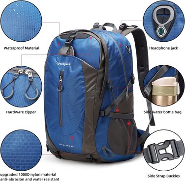 Водонепроникний рюкзак YTL для чоловіків і жінок, легкий рюкзак на відкритому повітрі об'ємом 40 л, підходить для подорожей і кемпінгу (розміри 21,3 x 13,8 x 9,1 дюйма) (синій 1)