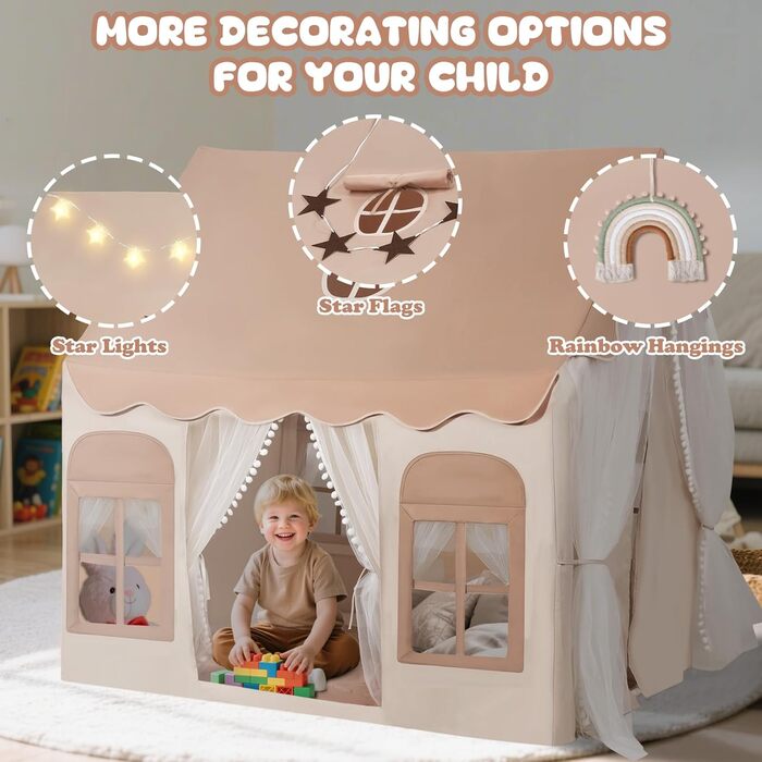 Дитяче намет-ігровий будиночок Snookids Kinderzelt Indoor з килимком, ліхтариками, прикрасами-веселкою та прапорцем-зіркою для хлопчиків та дівчаток