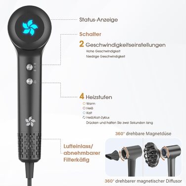 Професійний фен для волосся з дифузором, безщітковий мотор 110 000 об/хв, 400 млн плазмових іонів, низький рівень шуму 57дБ, сірий