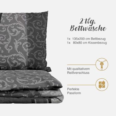 Комплект постільної білизни 200x200 з бавовни – набір постільної білизни на всі сезони, м'який та дихаючий, простирадло та наволочки 80x80 см на блискавці, Petrol (Natura Grau, 135x200 см (2-кількість))