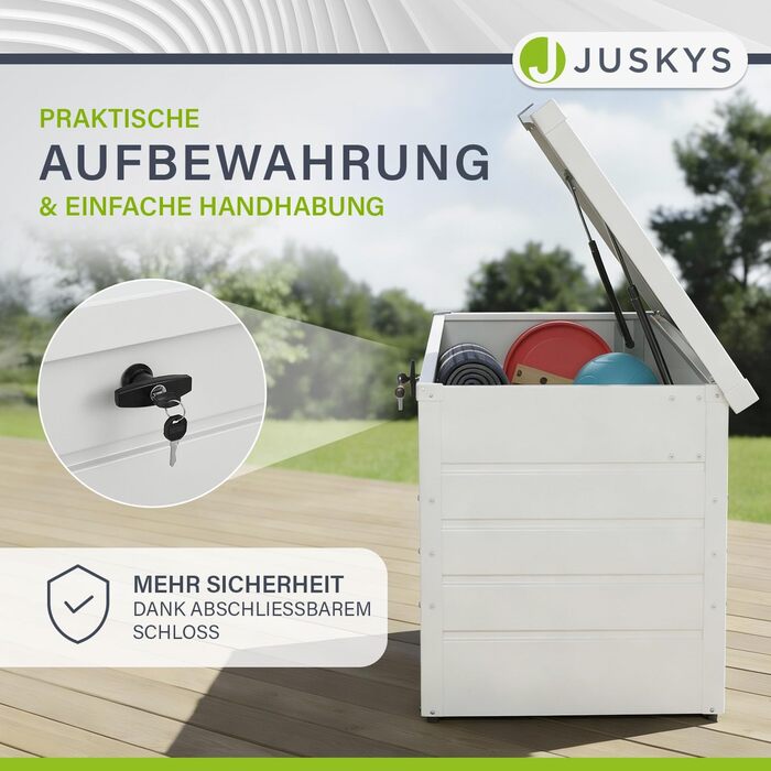 Ящик для зберігання вуличний Juskys Metall Limani 380л - водонепроникний, з замком - для саду, подушок, меблів (білий)