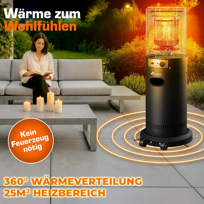 Газовий обігрівач TRESKO® 11 кВт на колесах | Для тераси, балкону та саду | Газовий нагрівач-гриб з регулятором та шлангом (Чорний)