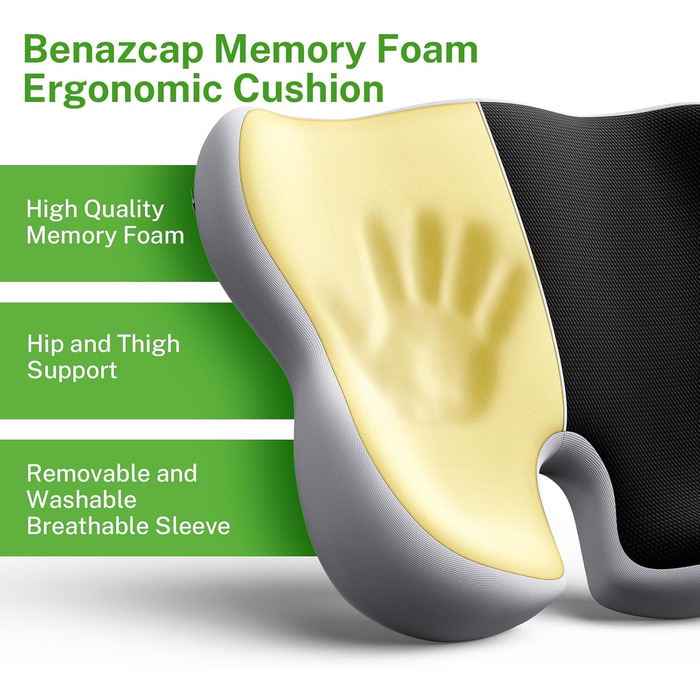 Ортопедична подушка для сидіння Benazcap з Memory Foam для офісного крісла, автомобіля, інвалідного візка. Зменшує біль у куприку. Чорний/Сірий колір