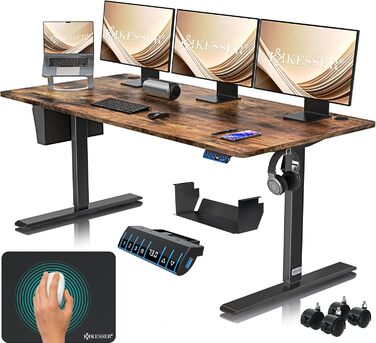 Електричний регульований стіл KESSER® 180x80 см | Ергономічний стіл для стоячи/сидячи | Пам'ять 3 функцій | З роликами 360° та USB-зарядкою | Стіл для офісу вдома, коричневий