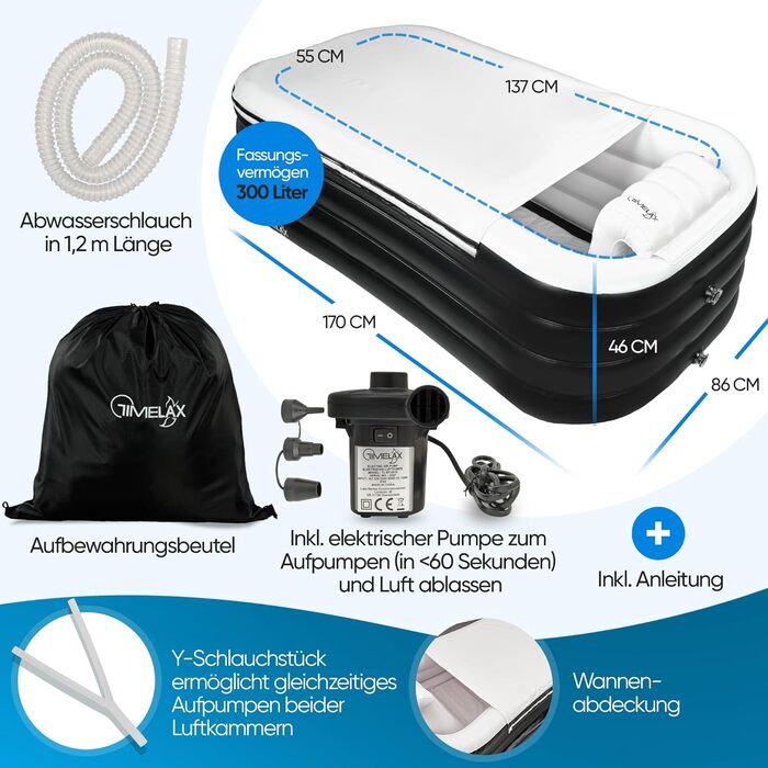 Надувна ванна TIMELAX® XL з ергономічною спинкою, 0,5 мм PVC, без BPA | Мобільна ванна для дорослих, чорна