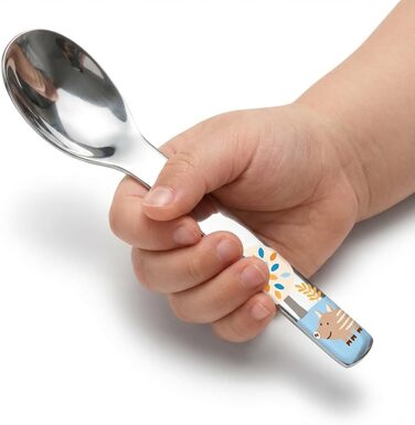 Дитячий ергономічний набір столових приборів Puresigns (4 шт.) з нержавіючої сталі 18/10 – Безпечний та довговічний – Мотиви лісових тварин (ведмедик, барсук, кабан) – Можна мити в посудомийній машині – Ідеально для малюків та тих, хто вчиться їсти