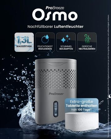 Зволожувач повітря Pro Breeze Osmo – безшумний, з можливістю поповнення – для дому, спальні, шафи, авто – міні-зволожувач без живлення – таблетка 700г (до 100 днів) сірий