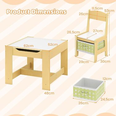 Дитячий меблевий набір GOPLUS 3 в 1: стіл та 2 стільці для дітей, дерев'яний, з місцем для зберігання, ідеально для дому, зелений