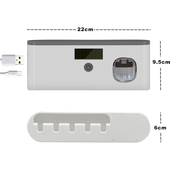 Тримач для зубних щіток настінний з дозатором зубної пасти, ультрафіолетовий очищувач, 5 слотів, акумуляторний USB для ванни