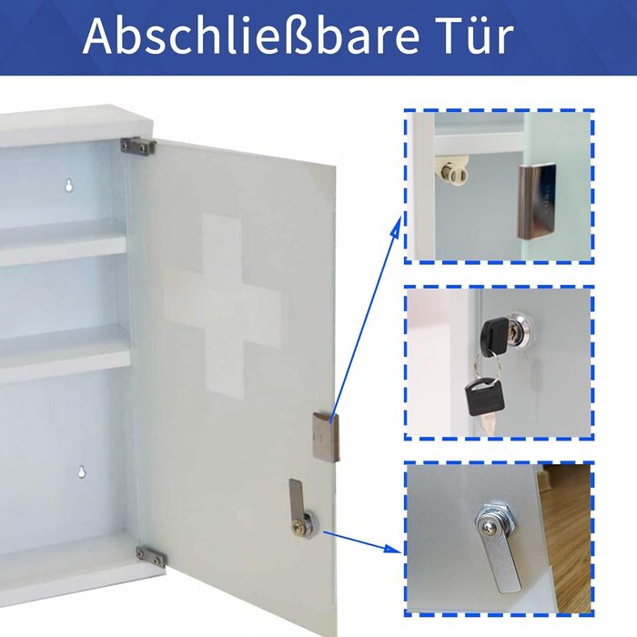 Металевий медичний шафчик Style Home з 3 відділеннями, з замком, 45x30x12 см, білий. Аптечка, шафка для ліків, аптечка першої допомоги з скляними дверцятами та замком