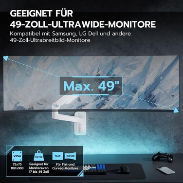 Кріплення для монітора ARES WING на стіну для LED/LCD моніторів 17-49 дюймів, до 20 кг, регульована висота, VESA 75/100, білий